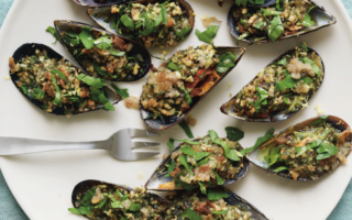 Grilled mussels with almond and cilantro pesto