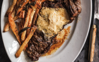 Steak with mustard butter and French fries