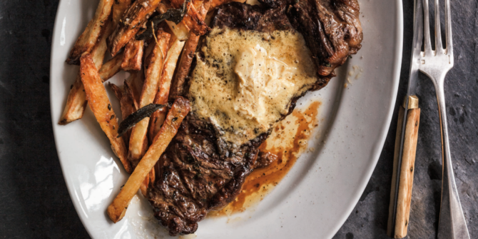 Steak with mustard butter and French fries