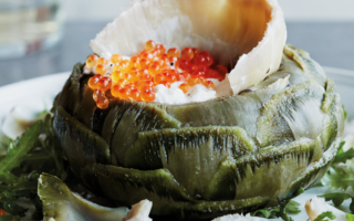 Artichokes with fromage blanc and salmon roe