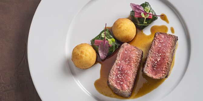 Entrecôte steak, Swiss chard bonbons and truffled dauphinoise potatoes