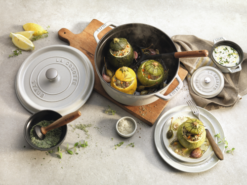 new white truffle cast iron cocotte by STAUB being used for a one pot hot dish