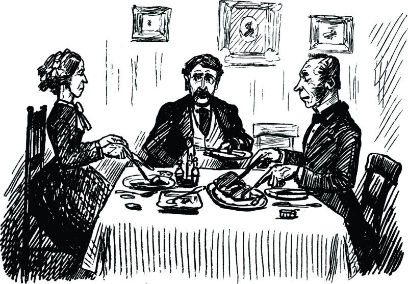 illustration of 2 men and a woman having dinner