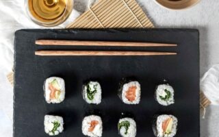 Japanese avocado-salmon maki served with Sainte-Croix-du-Mont AOC