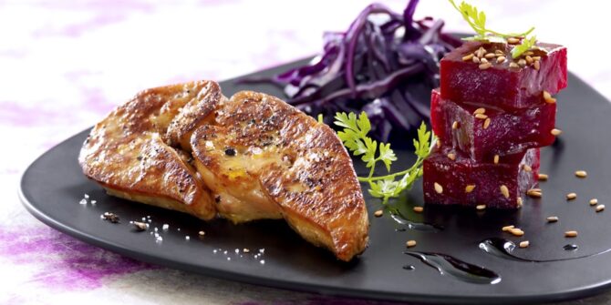 Escalope of foie gras, with pickled beetroot and toasted sesame and liquorice vinaigrette