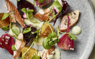 Hot-smoked salmon, beetroot salad and Saint Agur blue cheese dressing