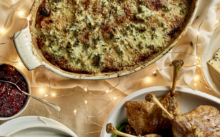 Potato, turnip and cranberry Saint Agur gratin with confit duck