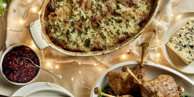 Potato, turnip and cranberry Saint Agur gratin with confit duck