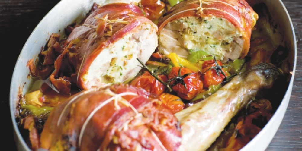 French roast chicken stuffed with fruits and nuts
