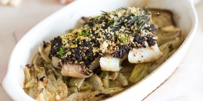 Cod with tapenade crust and Mirabeau rosé braised fennel