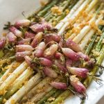 Roast radish and asparagus with lemon and cheese crumbs