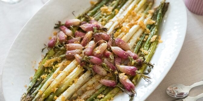Roast radish and asparagus with lemon and cheese crumbs