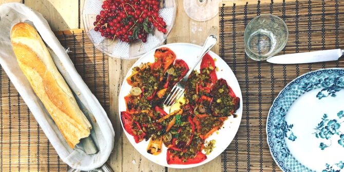 Roast peppers with anchovy, parsley, thyme and lemon crumbs