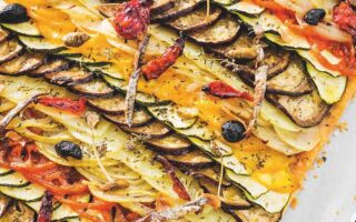 Puff pastry topped with anchovy bayaldi