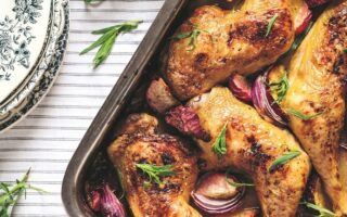 Baked chicken and peaches