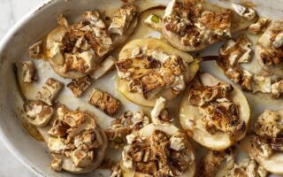 Roasted pears with nougat and dark chocolate sauce