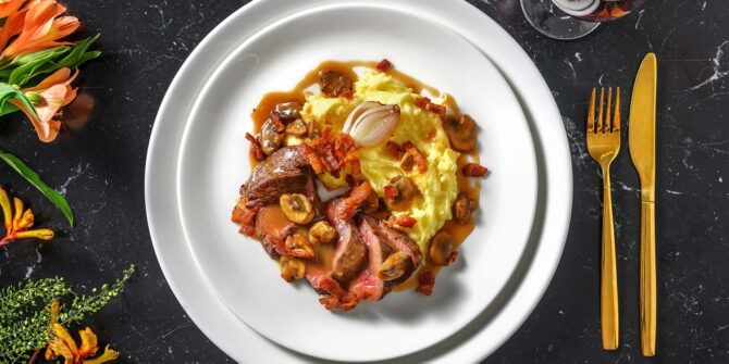 Venison bourguignon with roasted garlic mash