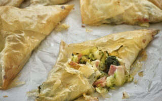 Filo parcels of Comté, courgettes, spinach & leeks