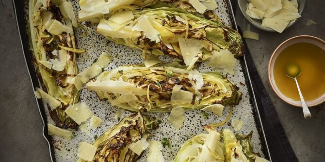 Roasted hispi cabbage with Comté & lemon