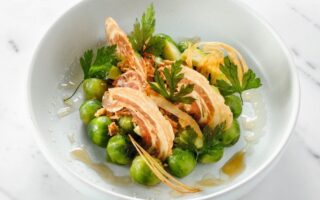 Maple-glazed brussels sprouts with crispy onion and bacon