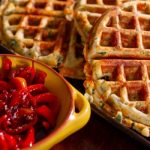 Comté & spinach waffles with glazed balsamic red peppers