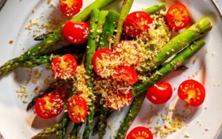 Griddled asparagus and piccolos with parmesan crumb