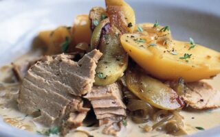 Pork in cider with potatoes and apples