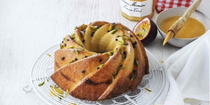 Lemon and passion fruit drizzle cake