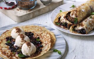 Wild blueberry and ice cream crêpes