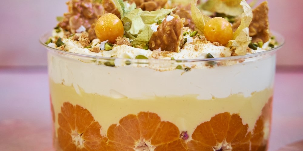 Clementine and cardamom christmas trifle with amaretto and pistachio