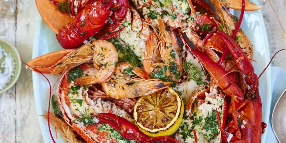 BBQ prawns, lobster and crayfish with herb butter and siracha mayonnaise