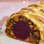 Vegetarian wellington with beetroot, butternut squash, lentils and chestnuts