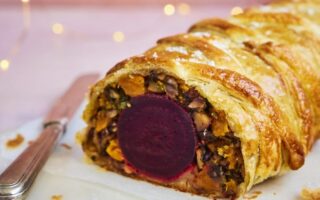 Vegetarian wellington with beetroot, butternut squash, lentils and chestnuts