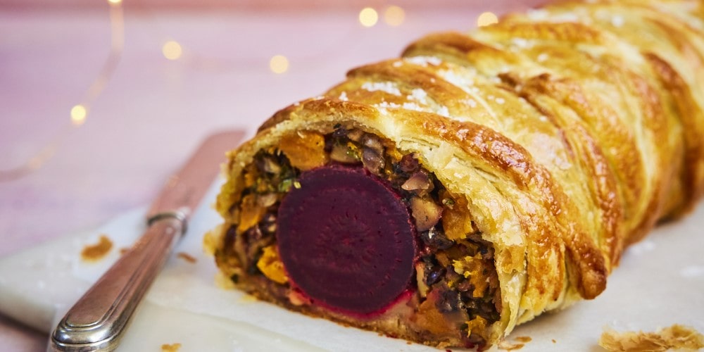 Vegetarian wellington with beetroot, butternut squash, lentils and chestnuts