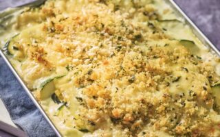 Baked courgettes with cream and Comté breadcrumbs