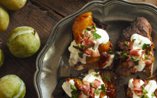 Greengage plum, bacon and burrata crostini