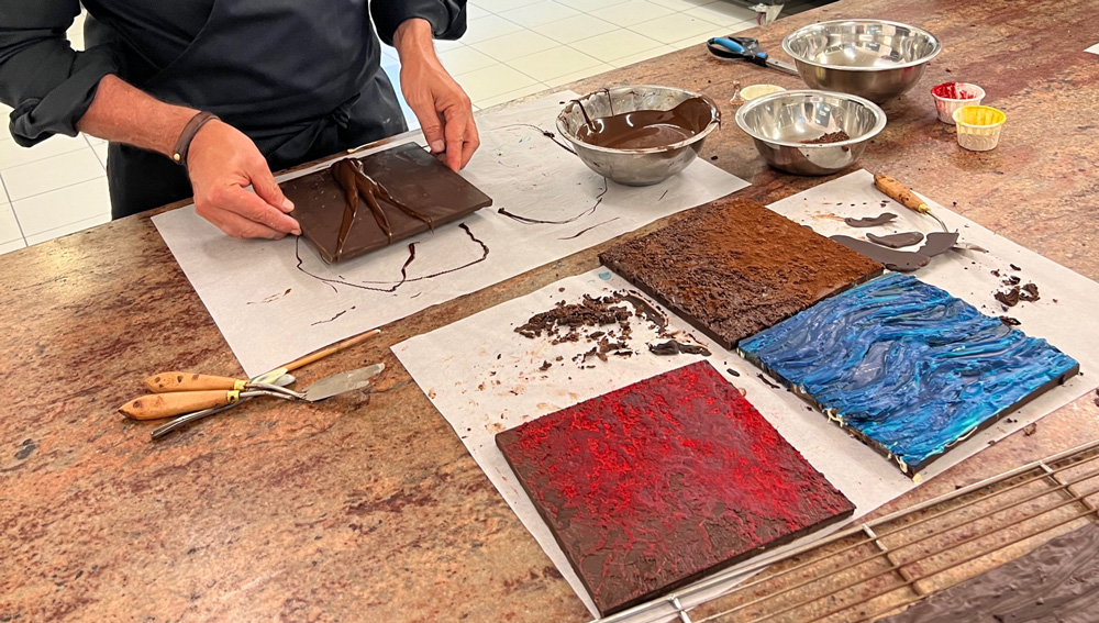 Chocolate with texture and red and blue paint
