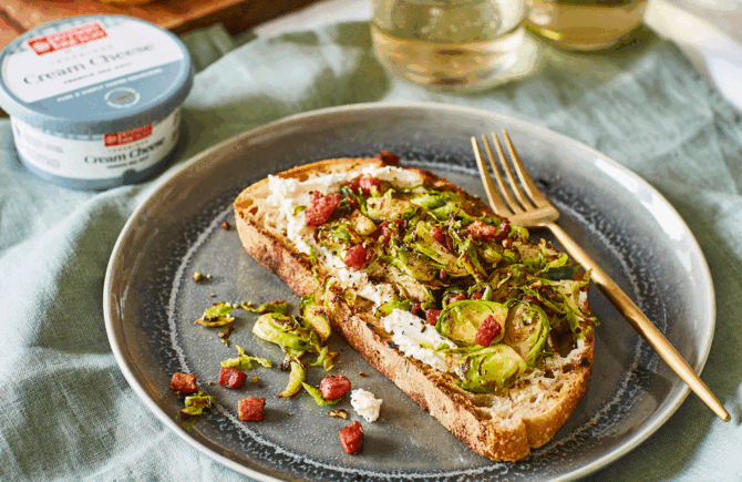 Shredded brussels sprouts, pancetta and French sea salt cream cheese on toasted sourdough