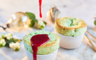 Pistachio soufflés with cranberry coulis