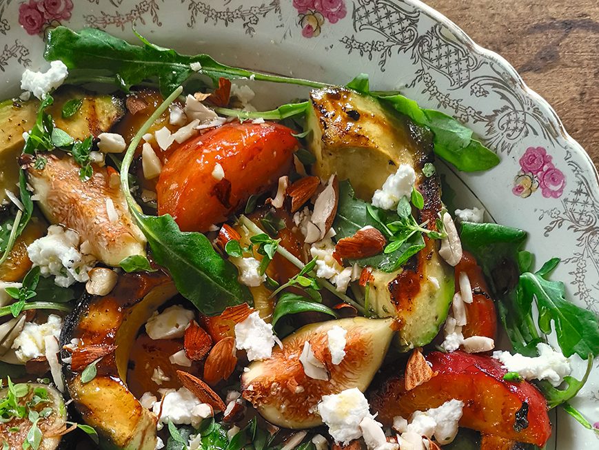 Grilled peach and avocado salad with goat cheese