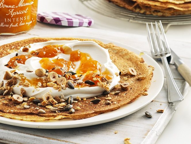 Vegan Apricot Crêpes with Toasted Nuts & Seeds
