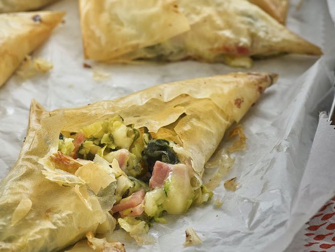 Filo parcels of Comté, courgettes, spinach & leeks