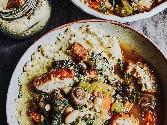 Mushroom and white bean cassoulet with mustard polenta