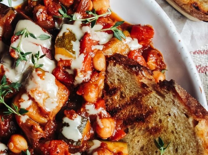 Veggie ratatouille with chickpeas and pan griddled bread