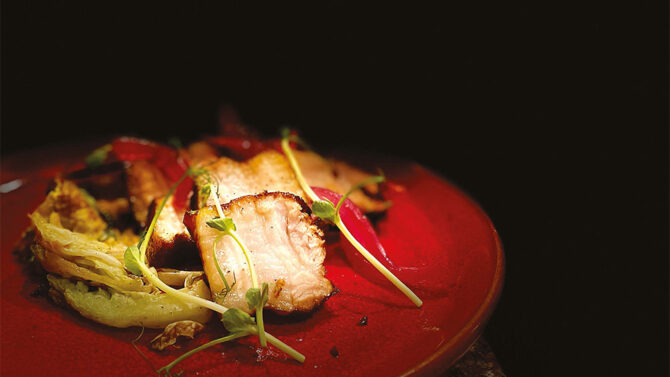 Seiya Kumabe’s caramelised pork with braised lettuce