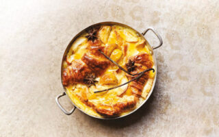 Apple and Calvados croissant butter pudding