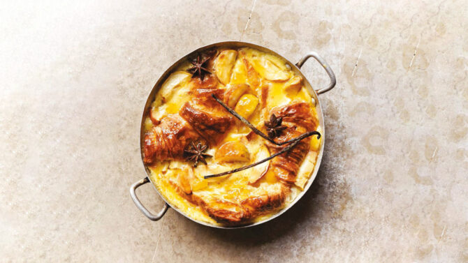 Apple and Calvados croissant butter pudding