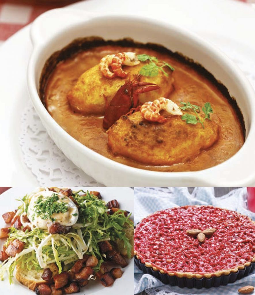Quenelles, Salade lyonnaise and a slice of tarte praline rose