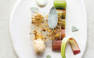 Poached rhubarb with lemon, fouace and orange-blossom cream