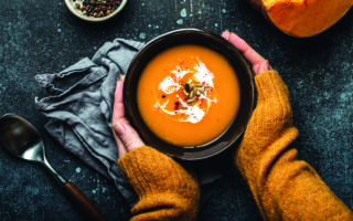 Cream of pumpkin soup with Monts de Lacaune ham